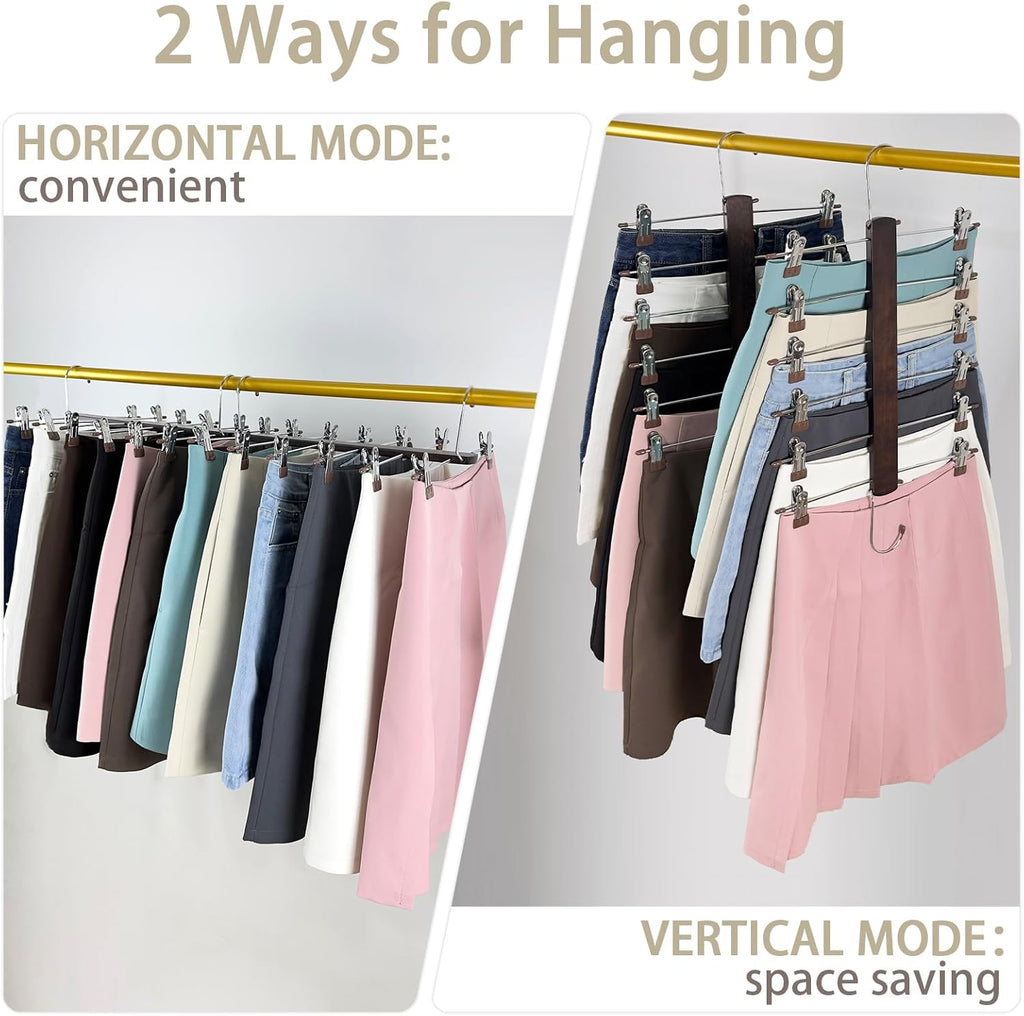 Skirt Hangers Space Saving,6 Tier Closet Organizers & Storage,Wooden Magic Hanger & Hanger with Clips,Pants-Hangers-Space-Saving for Hanging Pants Shorts Scarf Jeans（4 Piece）