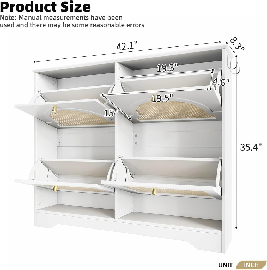 Freestanding Shoe Rack, Tipping Bucket Shoe Cabinet with 4 Flip Drawers, Elegant Entryway Shoe Organizer with 4 Rattan Doors,for Kitchen Home