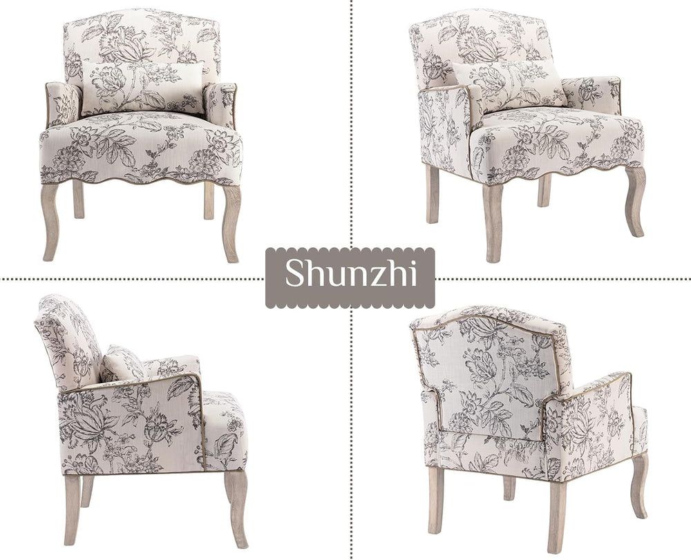 Shunzhi Floral Accent Chairs Farmhouse Upholstered Armchair Linen Reading Cha...