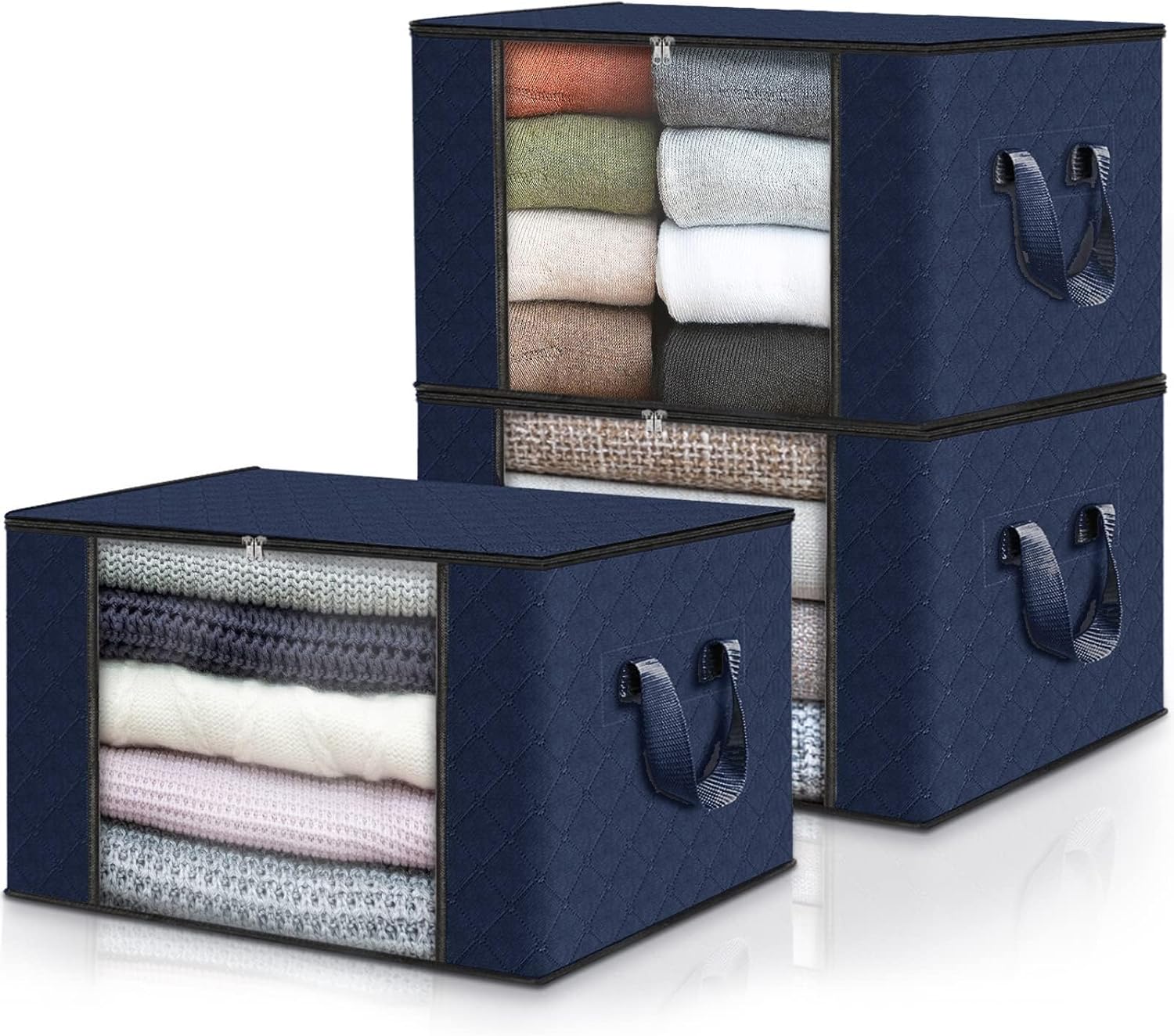 Fab totes Storage Bags,Clothes Blanket Storage Bins Foldable Closet Organizers with Reinforced Handle for Home Dorm Storage and Organization,Fabric Bags for Organizing Sheets,Clothing (Blue,3 Pack)