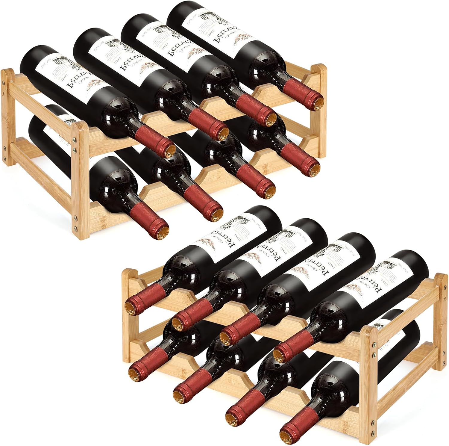 2 Pack Wine Racks, 2-Tire Bamboo Wine Rack, Wine Rack for Inside Cabinet 16 Bottles Wine Storage Holder Liquor Bottle Display Shelf Suitable for Bar,Home,Kitchen,Cellar Basement,Restaurant