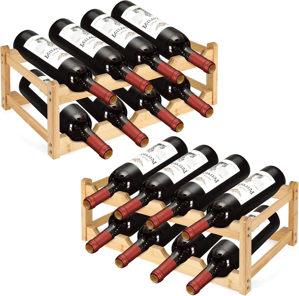 2 Pack Wine Racks, 2-Tire Bamboo Wine Rack, Wine Rack for Inside Cabinet 16 Bottles Wine Storage Holder Liquor Bottle Display Shelf Suitable for Bar,Home,Kitchen,Cellar Basement,Restaurant
