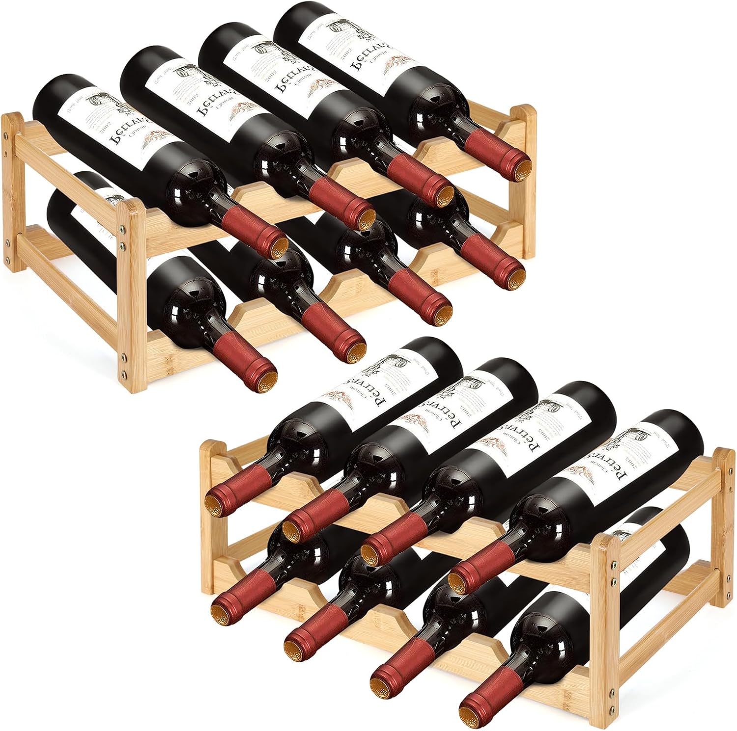 2 Pack Wine Racks, 2-Tire Bamboo Wine Rack, Wine Rack for Inside Cabinet 16 Bottles Wine Storage Holder Liquor Bottle Display Shelf Suitable for Bar,Home,Kitchen,Cellar Basement,Restaurant