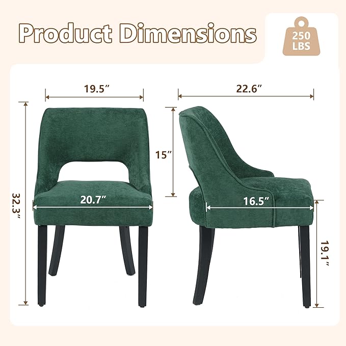 ClinQ Wooden Dining Chairs Set of 6, Modern Fabric Upholstered Kitchen Chairs Dining Chair, Mid Century Modern Chair for Kitchen Dining Room, Farmhouse Kitchen Chairs, Dark Green-Black Legs