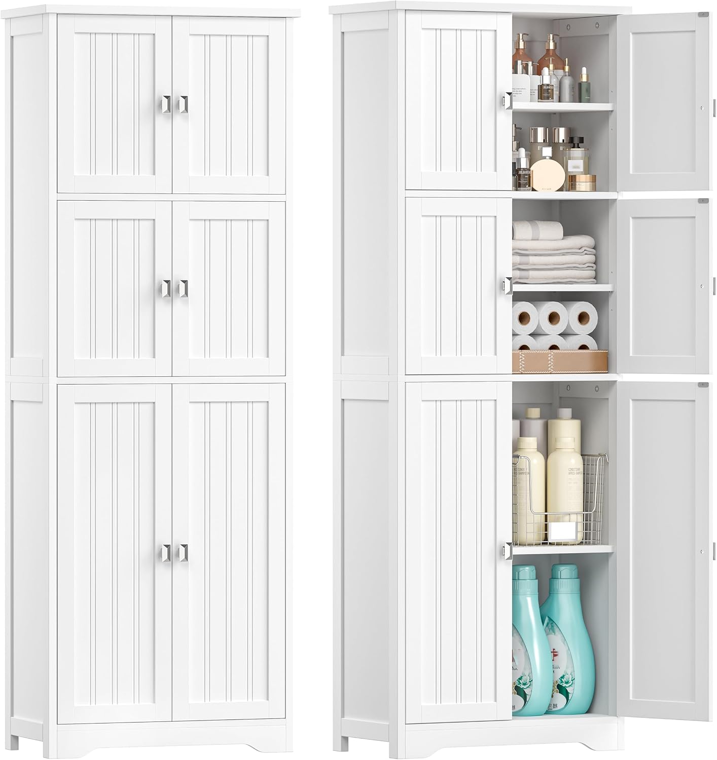 Tall Bathroom Storage Cabinet, 63" H Linen Floor Cabinet | Pantry Storage Cabinet with 6 Doors and Adjustable Shelves, for Bathroom, Living Room, Laundry Room, Kitchen, White