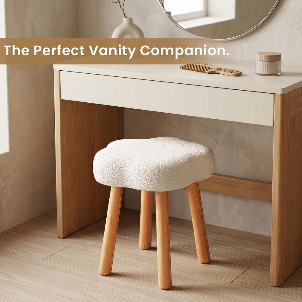 Cmishe Cloud Vanity Stool with Solid Beech Wood Legs, Boucle Makeup Chair for...