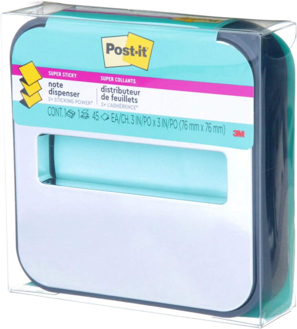 Post-it Note Dispenser with Post-it Pop-up Notes, Black Base with Steel Top, 1 Aqua Splash 3 in. x 3 in. Super Sticky Note Pad, Classroom or Office Supplies