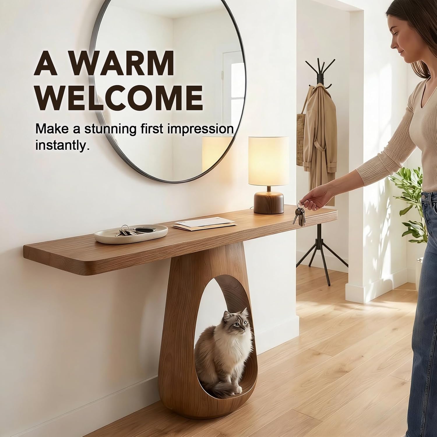 31.5" Compact Console Table with Sculptural Pedestal, 9.8" Narrow Solid Wood Entryway Table for Small Spaces, Modern Minimalist Accent Piece for Hallway, Foyer, Corner & Behind Sofa, Walnut