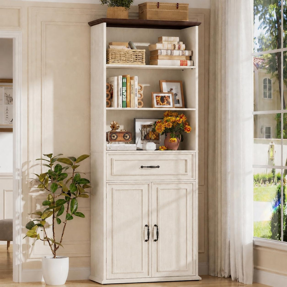 Cyclysio 80" Tall Bookcase with Drawer and Doors, Antique White/Walnut