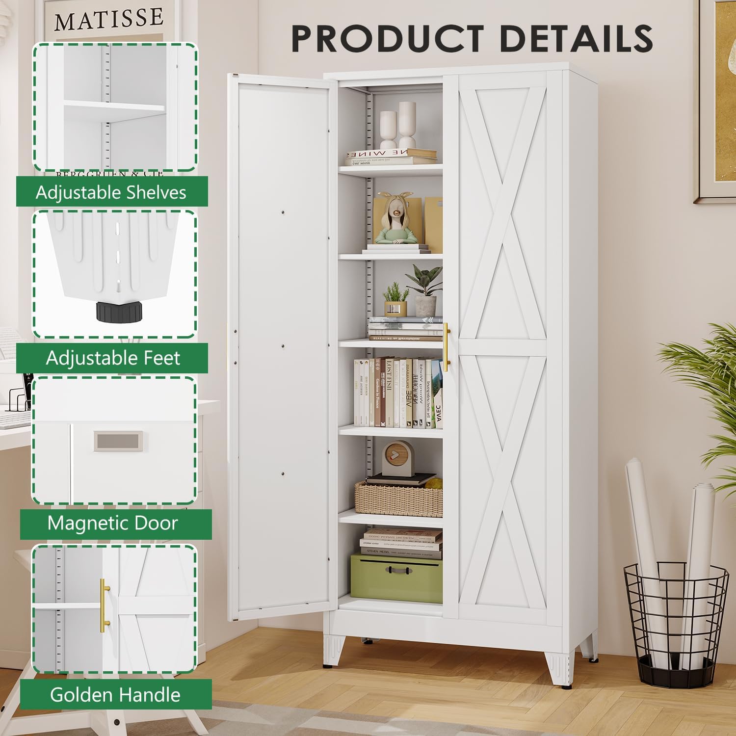 pozdeg 75" Tall Metal Kitchen Pantry Storage Cabinet with 2 Doors and 5 Adjustable Shelves, White Food Freestanding Cupboard for Kitchen, Dining Room, Bathroom and Garage (White)