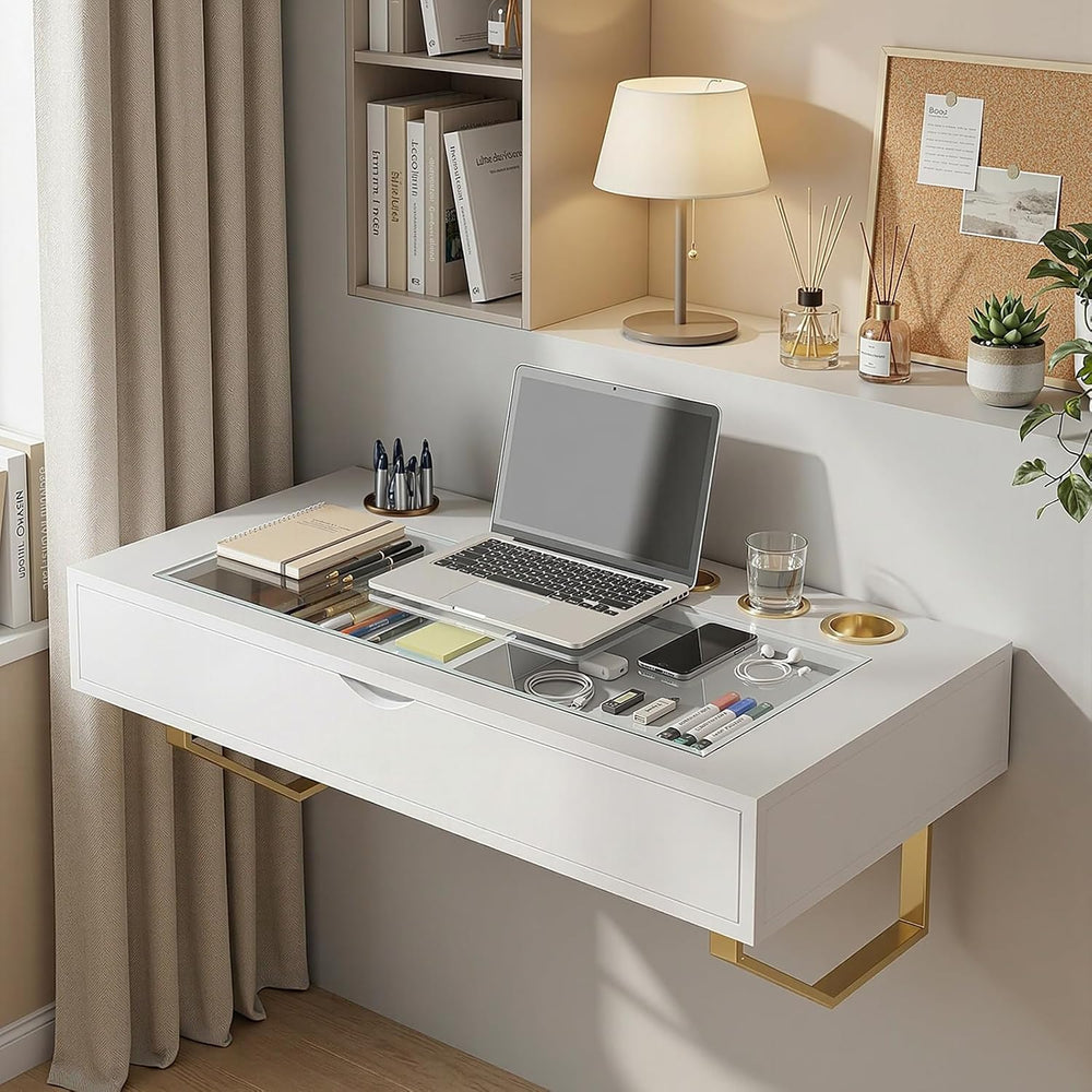 Floating Makeup Vanity Table, 31 inch Wall Mounted Desk for Bedroom, White | ...