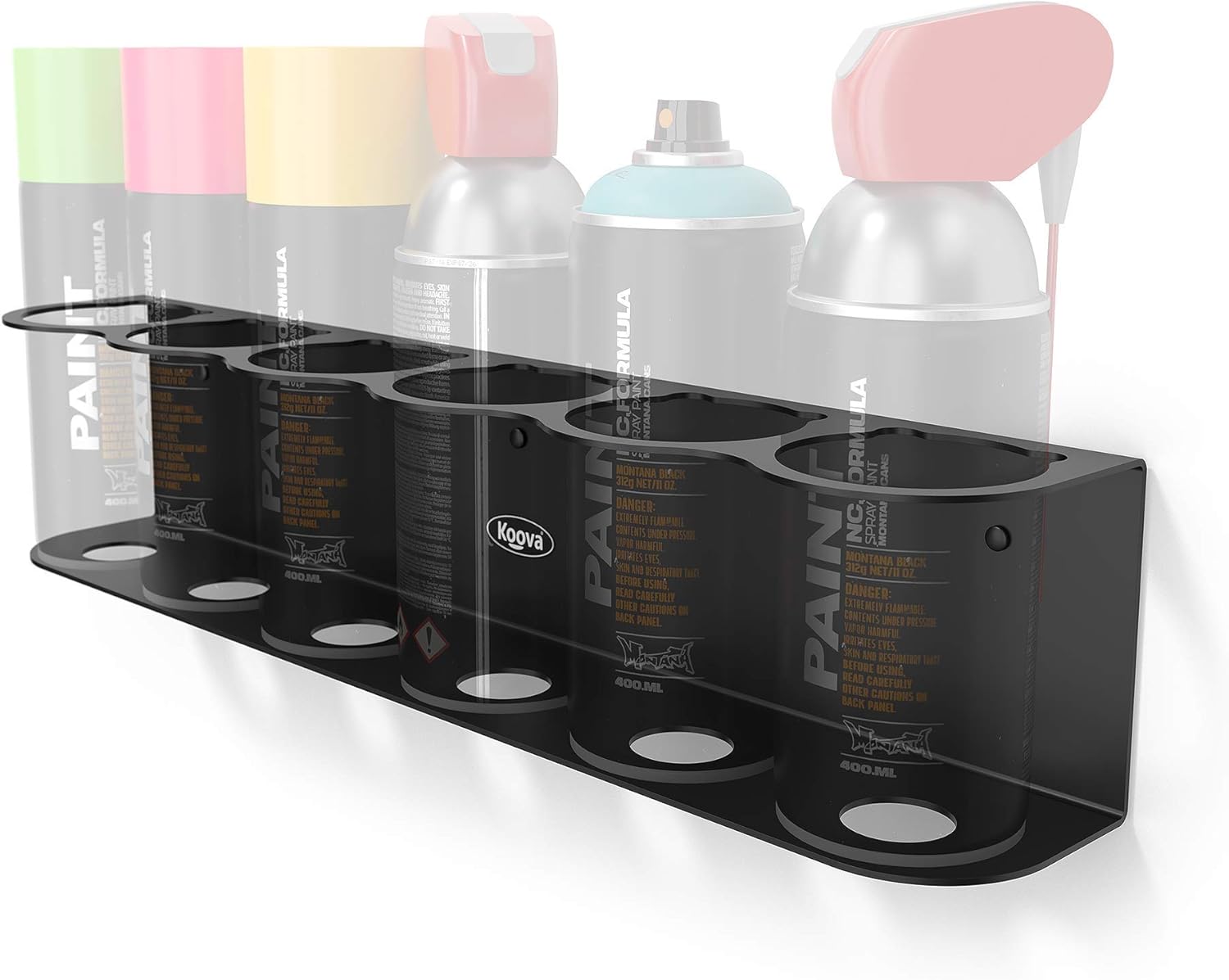 Koova 6 Aerosol Spray Can Holder | Easy Install Wall Mount | Heavy-Duty Powder Coated Steel Storage Rack for Garage & Home | Craft Workspace Paint Bottle Organizer | Hardware Included | USA Made