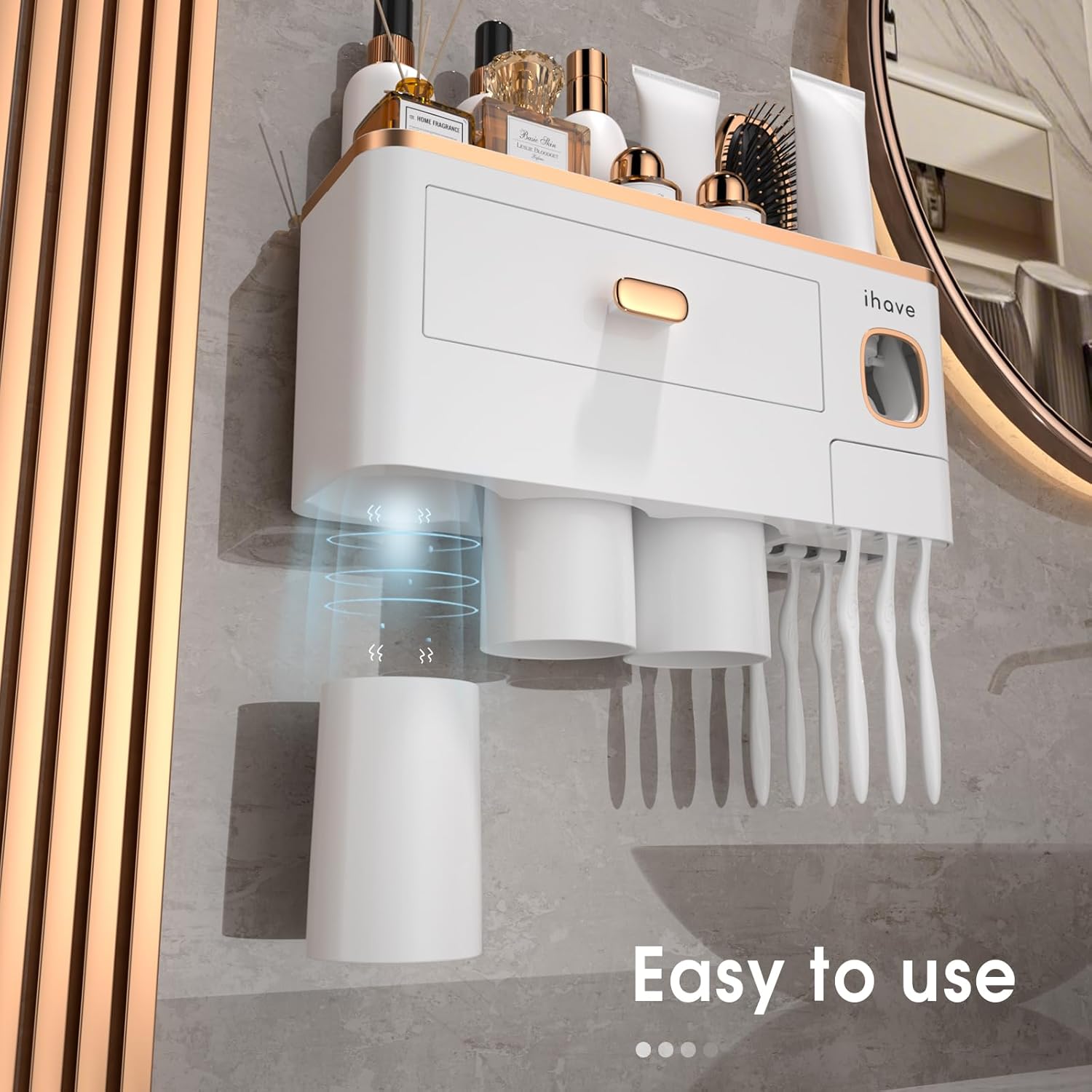 iHave Toothbrush Holders for Bathrooms - Upgrade Wall Mounted Toothbrush Holder with Toothpaste Dispenser - 3 Cups, Large Capacity Tray - Bathroom Accessories & Bathroom Storage