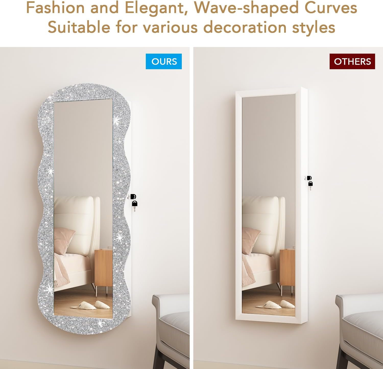whitebeach Jewelry Armoire Organizer, LED Jewelry Cabinet Wall/Door Mounted | Lockable Wavy Mirror with Storage, Crushed Diamonds Mirror Full Length,Door or Wall Mounted Mirror with Jewelry Storage