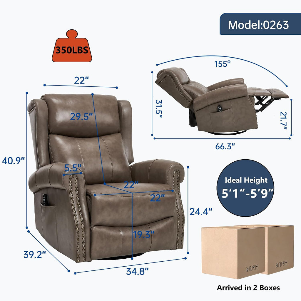 PELUMY Genuine Leather Swivel Rocking Recliner Chair for Adults, 360° Swivel Glider Rocker with Heat & Vibrating Massage, Lounge Chair for Living Room, Bedroom, Nursery Grey