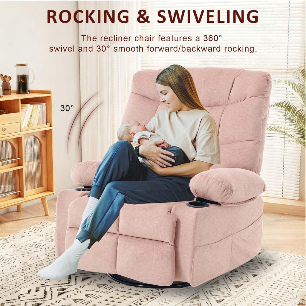 KCQ Overstuffed Swivel Rocker Recliner Chair with Massage and Heat, Fabric Heated Reclining Chairs Manual Recliner with Cup Holder, Pink Nursery Rocking Recliner Glider Chair