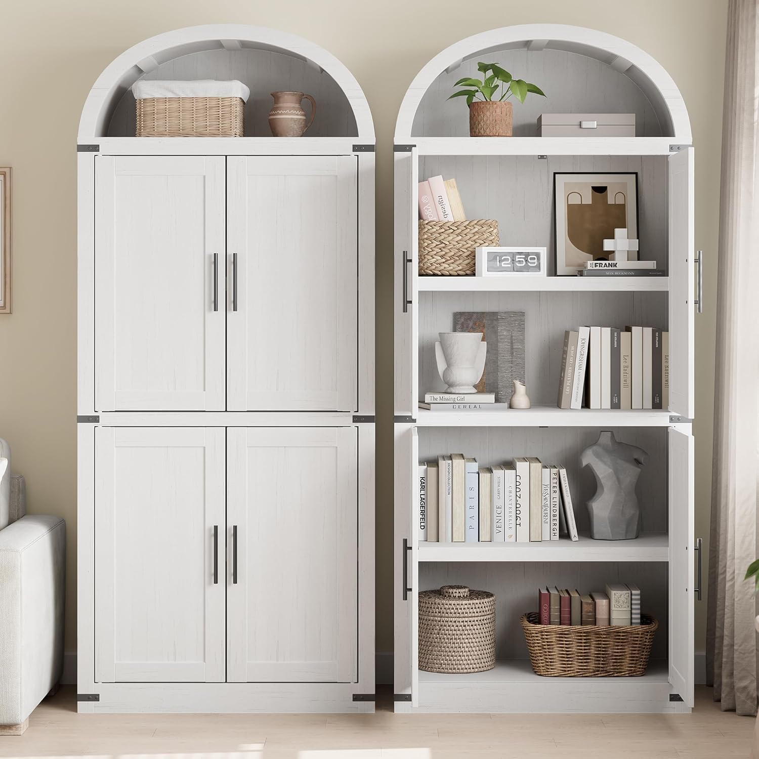 71.6" Arched Kitchen Pantry Cabinet,Farmhouse Arched Cabinet with Bookshelf and Storage Cabinets for Kitchen, Dining Room, Bathroom