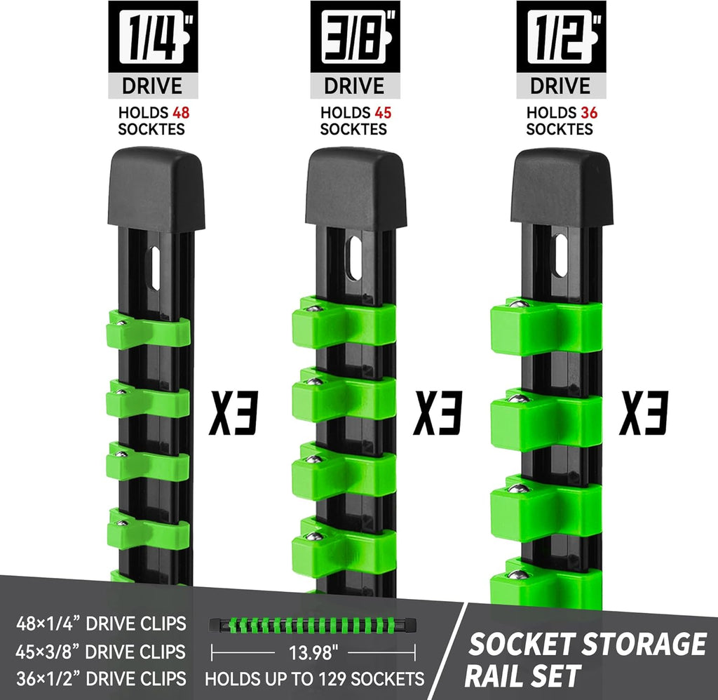 Socket Organizer Drive ABS Tools - Green Socket Holder, Premium Quality 9 Pieces Socket Holders Kit 1/4-Inch x 48 Clips, 3/8-Inch x 45 Clips, 1/2-Inch x 36 Clips（9PC,Green