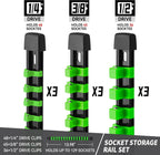 Socket Organizer Drive ABS Tools - Green Socket Holder, Premium Quality 9 Pieces Socket Holders Kit 1/4-Inch x 48 Clips, 3/8-Inch x 45 Clips, 1/2-Inch x 36 Clips（9PC,Green