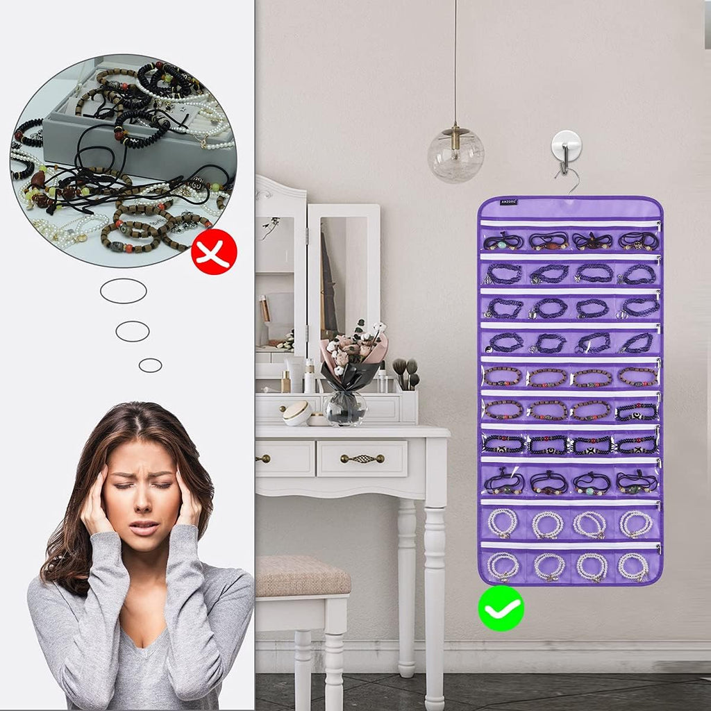 Dualsided Hanging Jewelry Organizer with 40 Zippered Pockets and 20 Hook Loops Necklace Holder Jewelries Organizer for Earrings Bracelets Rings with 360 Degree Rotating Hanger (40 Zippered