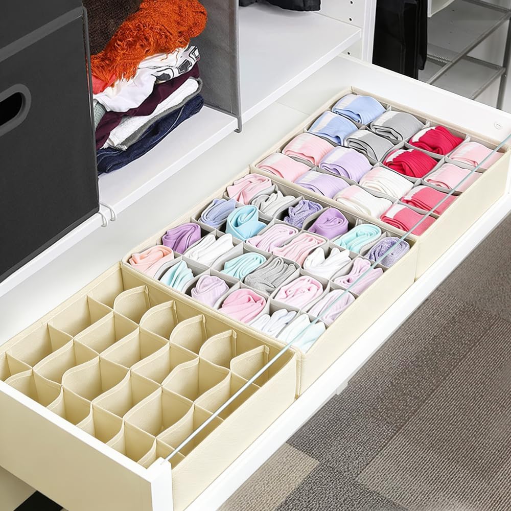 3 Pack Sock Underpants Drawer Organizer Dividers, 24 Cell Fabric Foldable Dresser Organizer for Closet Organizers and Storage Boxes for Organizing Socks, Underwear, Ties, Belts, Beige