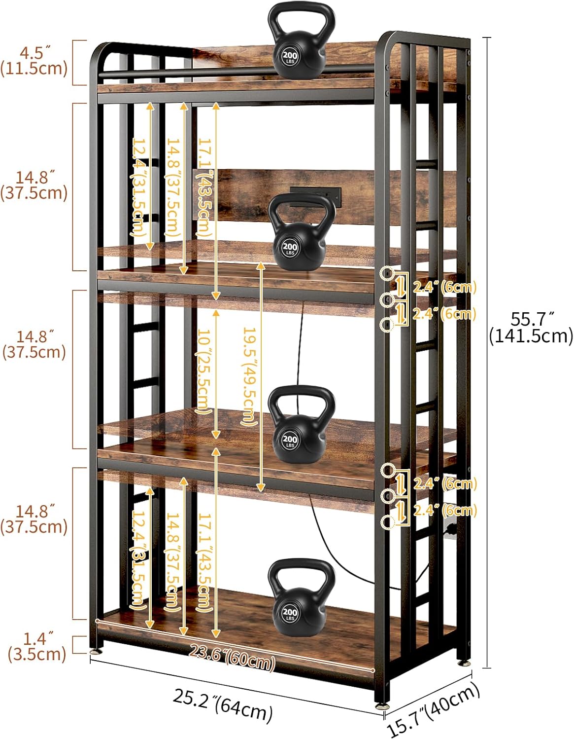 METYERRY Adjustable 4-Tier Heavy Duty Kitchen Baker's Rack with Power Outlet, with Industrial Wheels, Free Standing Microwave Oven Cart Stand for Storage in Living Room, Garage, Rustic Brown
