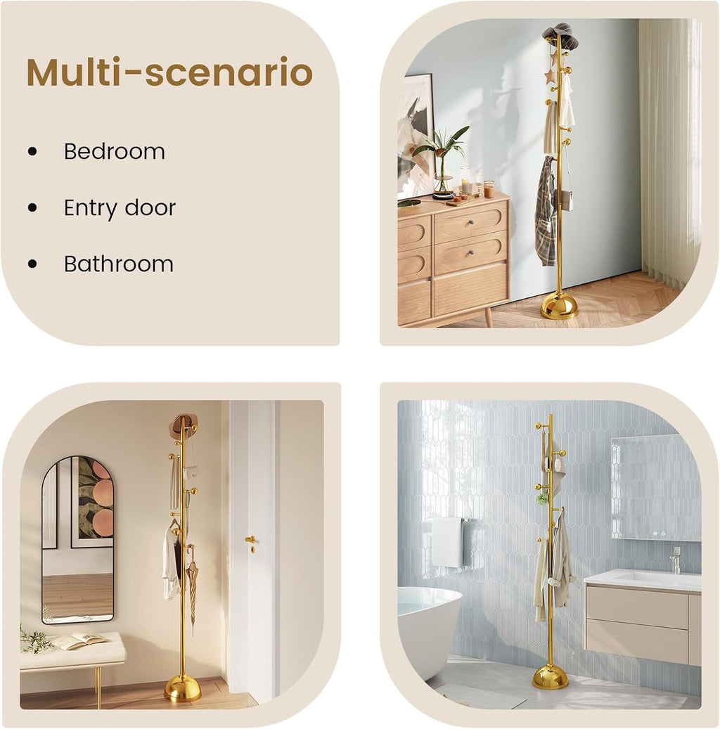 Metal Freestanding Coat Tree with 8 Hooks, Sturdy Coat Rack Stand with Sturdy Base for Clothes/Hats/Bags/Scarves, Coat Rack for Bedroom, Office, Living Room, Entryway, Heavy Duty Base, Gold
