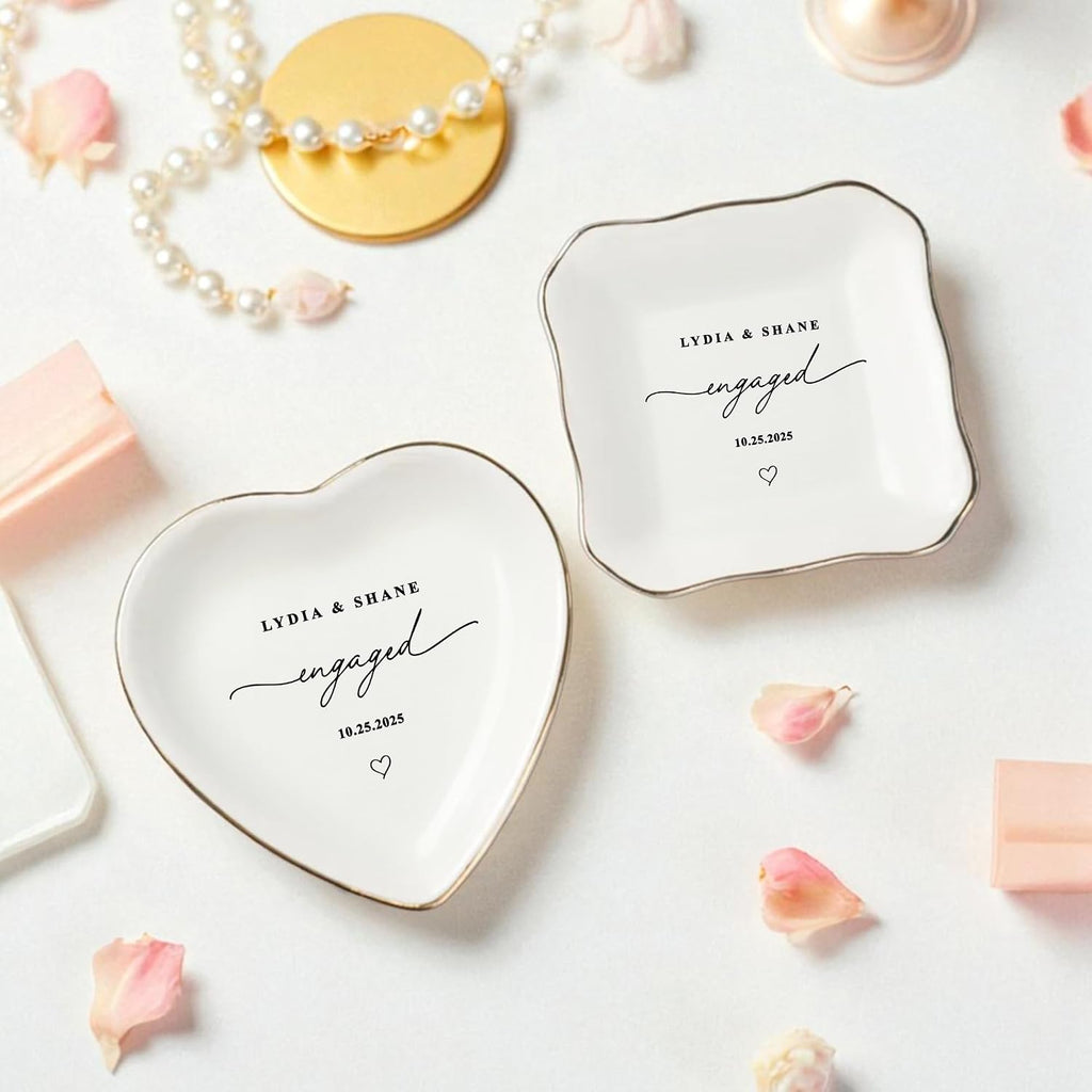 Personalized Ring Dish Engagement Gift for Couples - Custom Ceramic Jewelry Tray for Bride, Her, Women & Friends - Monogrammed Wedding Gifts, Trinket Dish for Rings and Earrings, Bridal Shower Gift