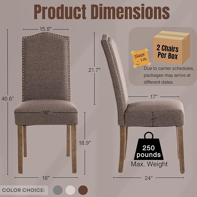Upholstered Dining Chair Modern Stylish Parsons Kitchen Diner High Back with Silver Nailhead Trim & Wood Legs, Set of 2, Fabric Brown