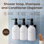 MaisoNovo Shampoo and Conditioner Dispenser - Shower Soap Dispenser Wall Mounted - 16.9 fl oz Set of 3 White Plastic Bottles Black Pump - 3 Chamber No Drill