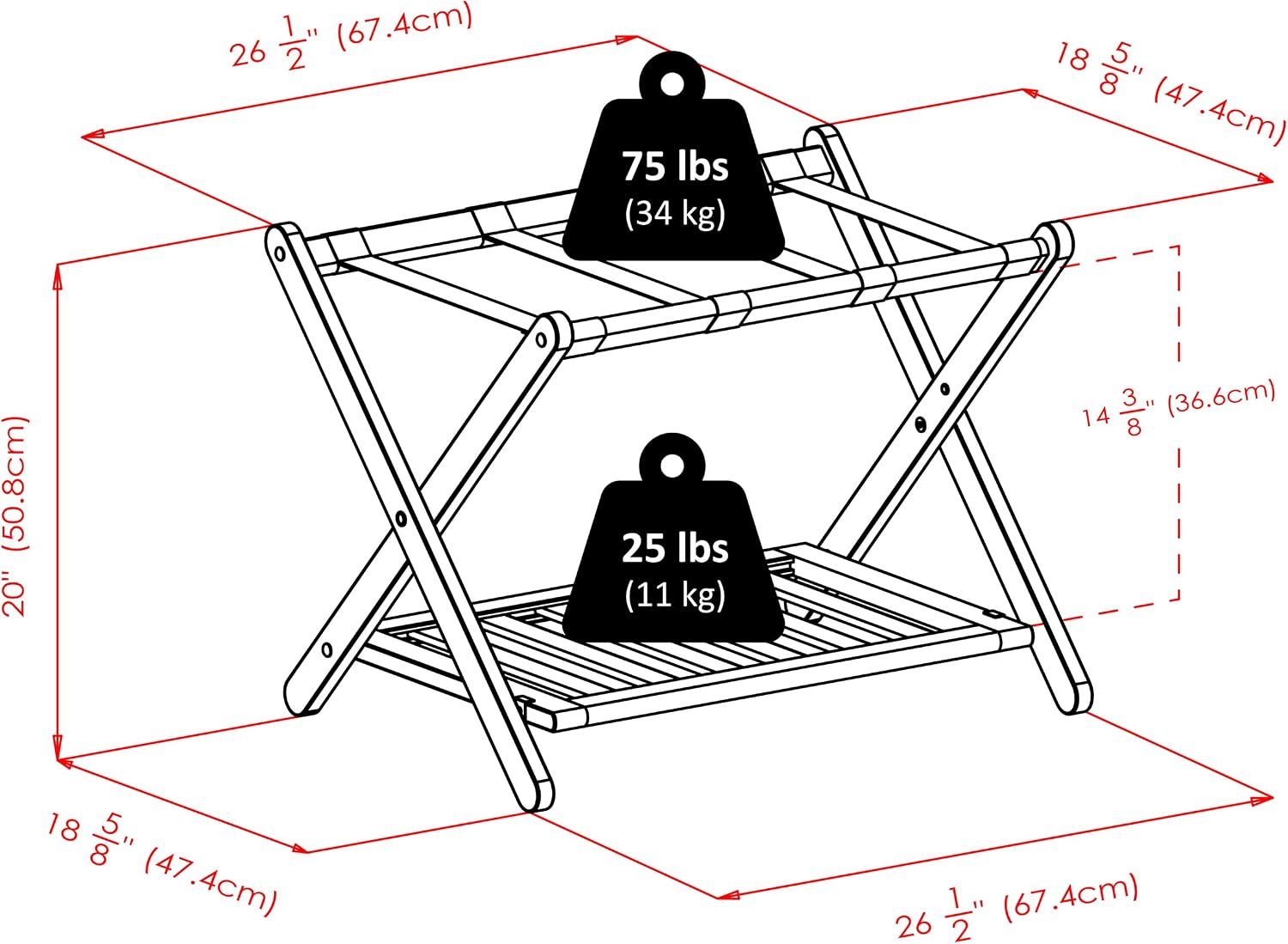 Winsome Reese Luggage Rack with Storage Shelf, for Guest Room, No Assembly, Cappuccino