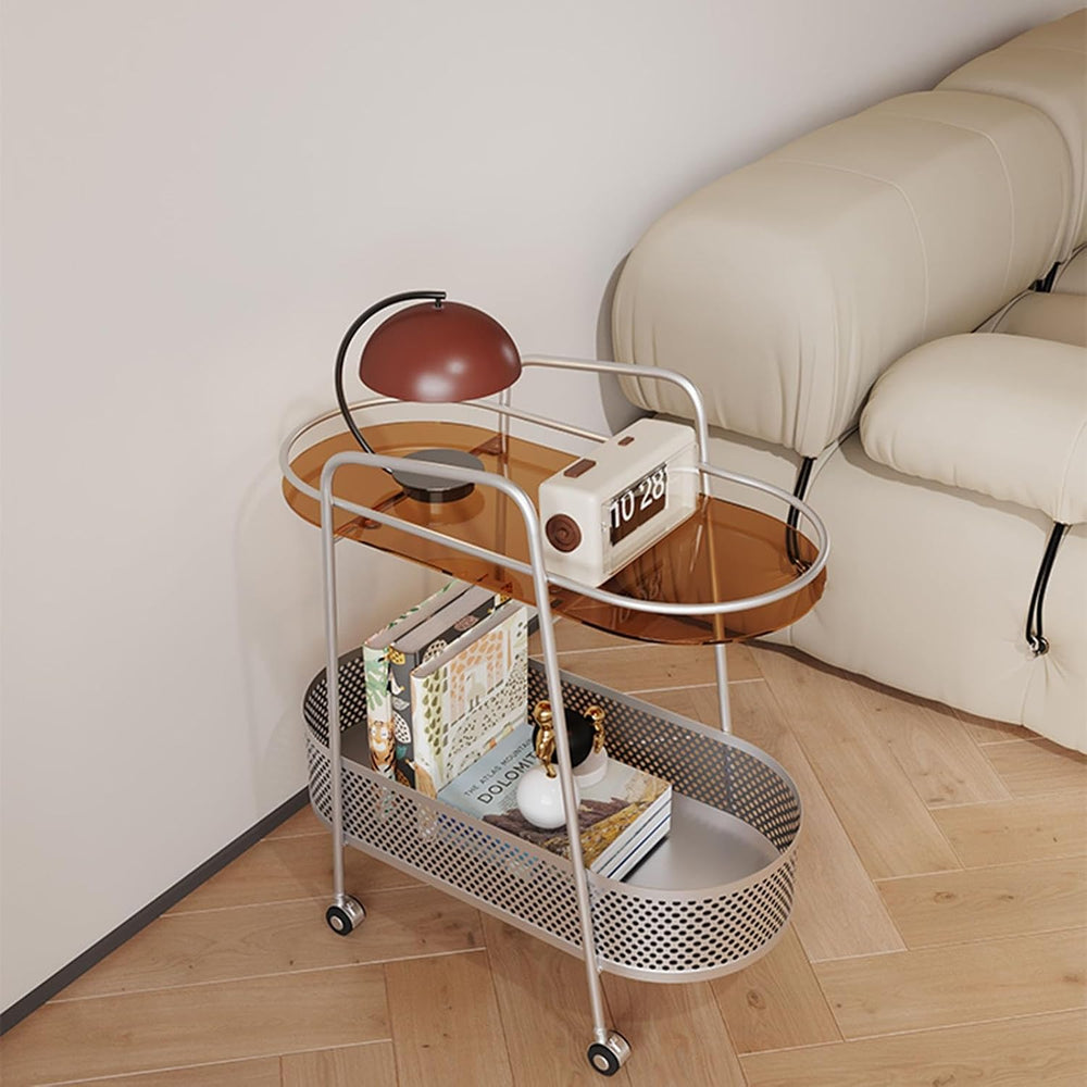 Double Layer Trolly Side Table, Metal Rolling Cart Storage Shelf, Side Table ...