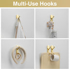 pickpiff Adhesive Wall Hooks for Hanging Towels: Brushed Gold Stainless Steel, 13LB Strong Hold Sticky Hangers for Coats, Purses,Bags, Keys - Bathroom, Kitchen, Door, Shower, Dorm, RV - 6 Pack
