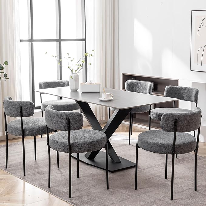 Grey Boucle Dining Chairs Set of 2, Upholstered Dining Room Chairs with Black...