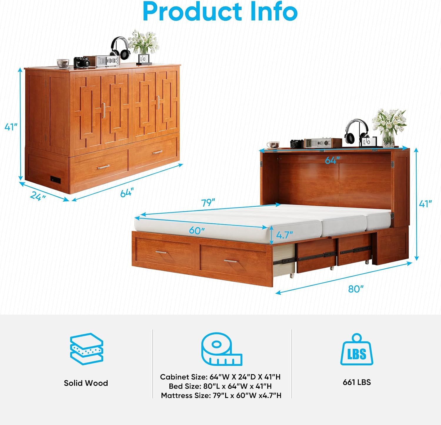 Mjkone 64" Width Murphy Cabinet Bed Queen Size with Foldable Mattress Included, Guest Murphy Beds with Drawers, Cube Cabinet Chest Wall Beds with USB Charging Station for Bedroom, Home Office, Cherry