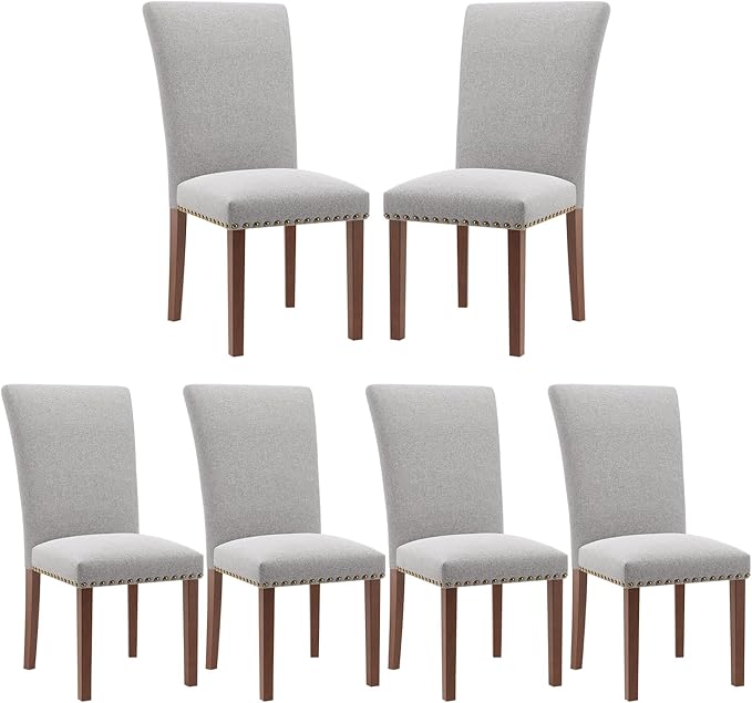 Stylish Dining Chairs Set of 6, Upholstered Parsons Dining Room Chair with Nailhead Trim, Kitchen Room Chair with Thick Cushions and Wood Legs, Nailhead Trim, Light Grey
