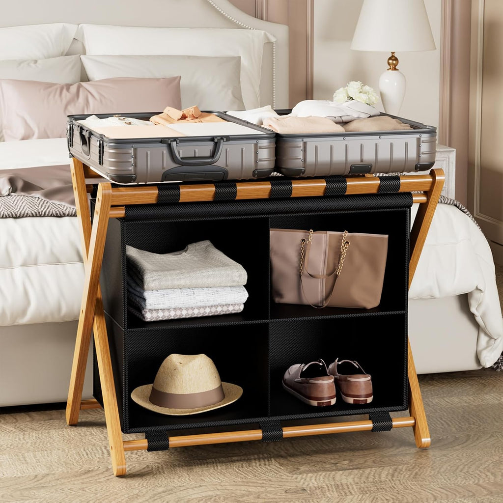 Bamboo Luggage Rack with 4 Storage Compartments, Foldable Suitcase Stand for Guest Room, 150lbs Capacity, Sturdy, Space-Saving and Easy to Assemble Organizer