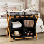Bamboo Luggage Rack with 4 Storage Compartments, Foldable Suitcase Stand for Guest Room, 150lbs Capacity, Sturdy, Space-Saving and Easy to Assemble Organizer