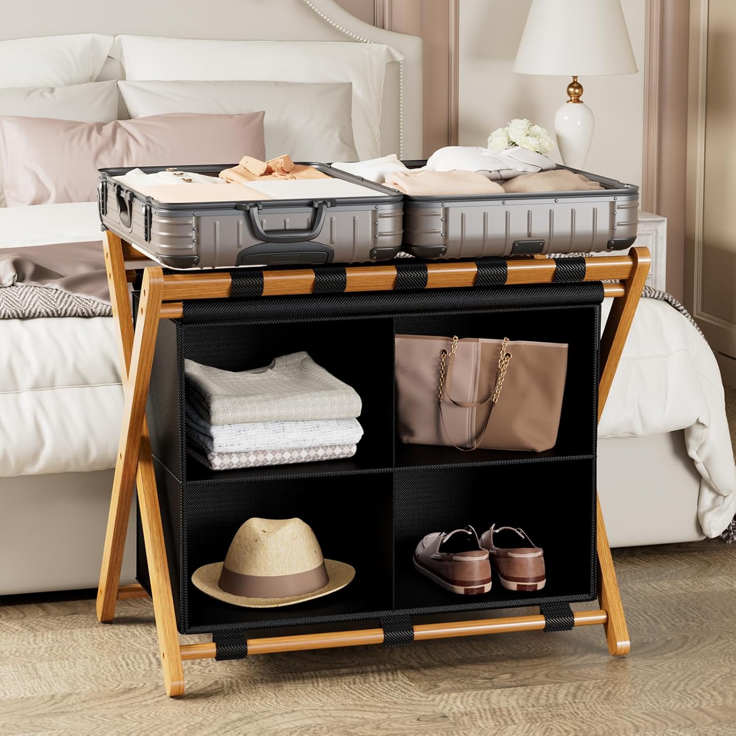 Bamboo Luggage Rack with 4 Storage Compartments, Foldable Suitcase Stand for Guest Room, 150lbs Capacity, Sturdy, Space-Saving and Easy to Assemble Organizer
