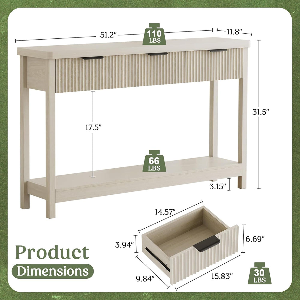 Lulive Fluted Console Table, 51 Inch Entryway Table with 3 Drawers | Scandi f...