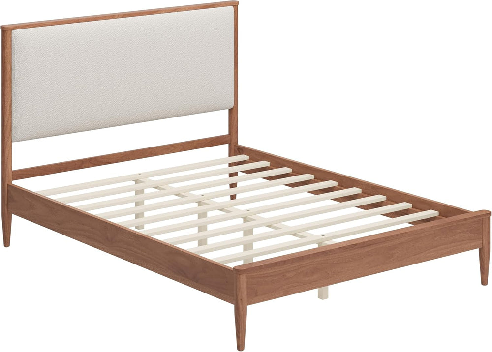 SOFTSEA Solid Wood Queen Bed Frame with Upholstered Headboard, Mid Century Mo...