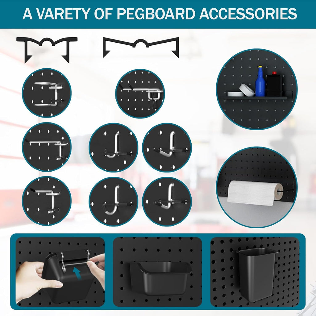 Metal Peg Board Kit with 1/4" Pegboard Accessories, 6 Pack 12"X24" Pegboard and 264PCS Extra Thick Pegboard Accessories,Wall Organizer Peg Board Panels Tool Organizer Storage System (Black)