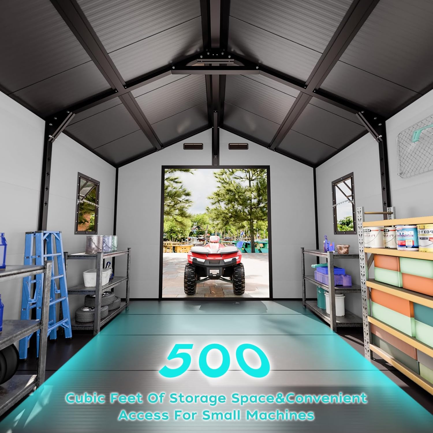 8x8 Shed with Floor, Heavy-Duty Plastic Resin Sheds & Outdoor Storage, Garden Tool Shed for Backyard, Patio, Bike Storage with Lockable Awning Windows & Reinforced Steel Frame（23-Gauage