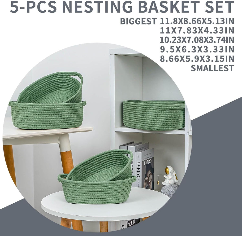 CubesLand Small Storage Basket Cotton Rope Organizer Baskets for Shelves | Set of 5 Decorative Closet Storage Bins with Handle for Countertop, Toilet Paper Basket for Toilet Tank Top, Green Basket