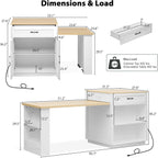 82.7” Kitchen Island with Extendable Dining Table for 4-6 Person, Two-Tone Dining Table with Double-Sized Storage, Power Outlet, Kitchen Island with 2 Side Open Shelves Storage, White