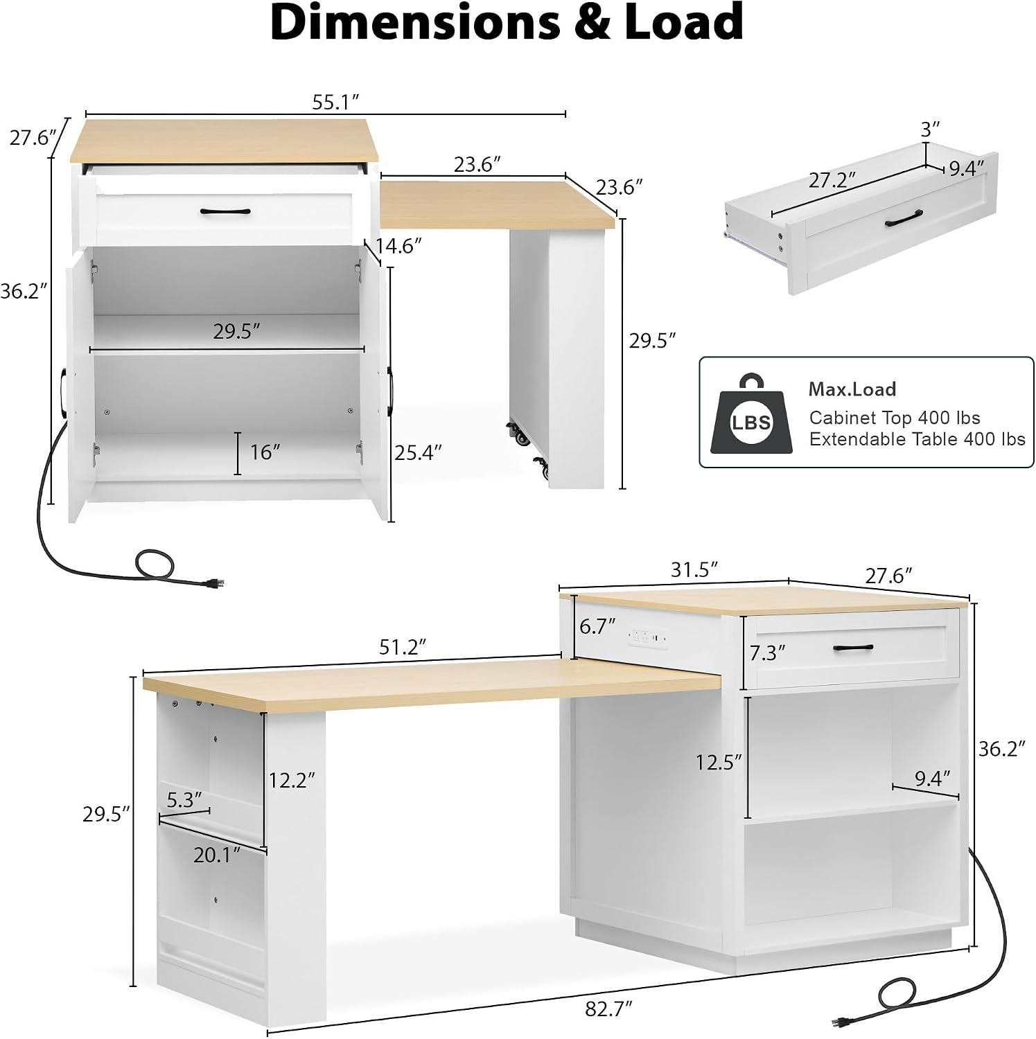 82.7” Kitchen Island with Extendable Dining Table for 4-6 Person, Two-Tone Dining Table with Double-Sized Storage, Power Outlet, Kitchen Island with 2 Side Open Shelves Storage, White