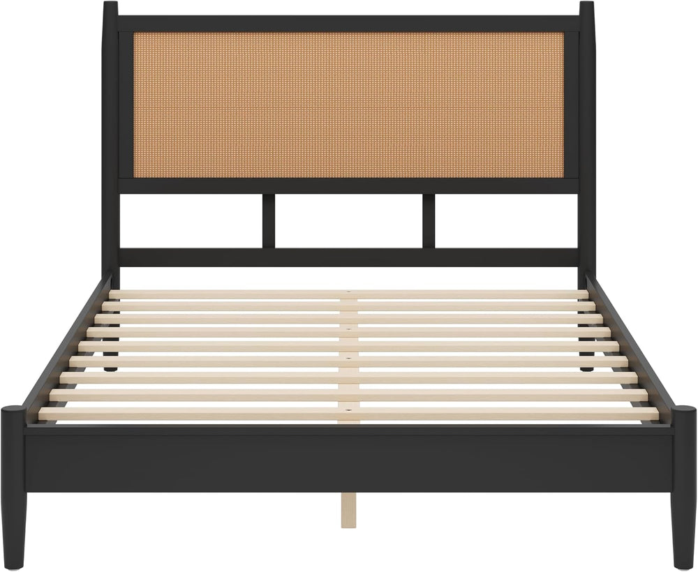 Merax Black Queen Size Platform Bed Frame with Rattan Headboard