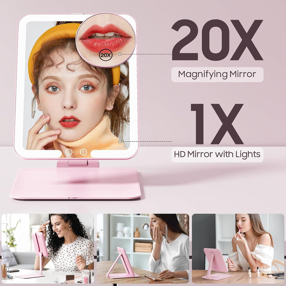 Benbilry Foldable Travel Makeup Mirror with Lights, 20X Magnification, Pink