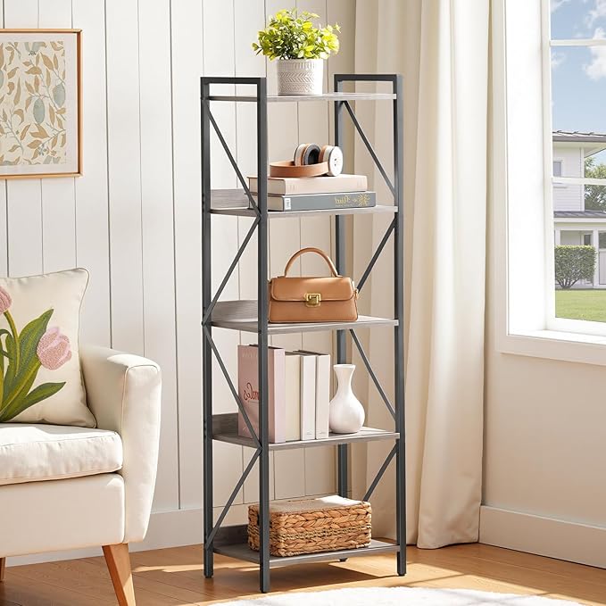 HOOBRO Bookshelf, 5-Tier Industrial Bookcase, Book Shelf Storage Organizer, T...