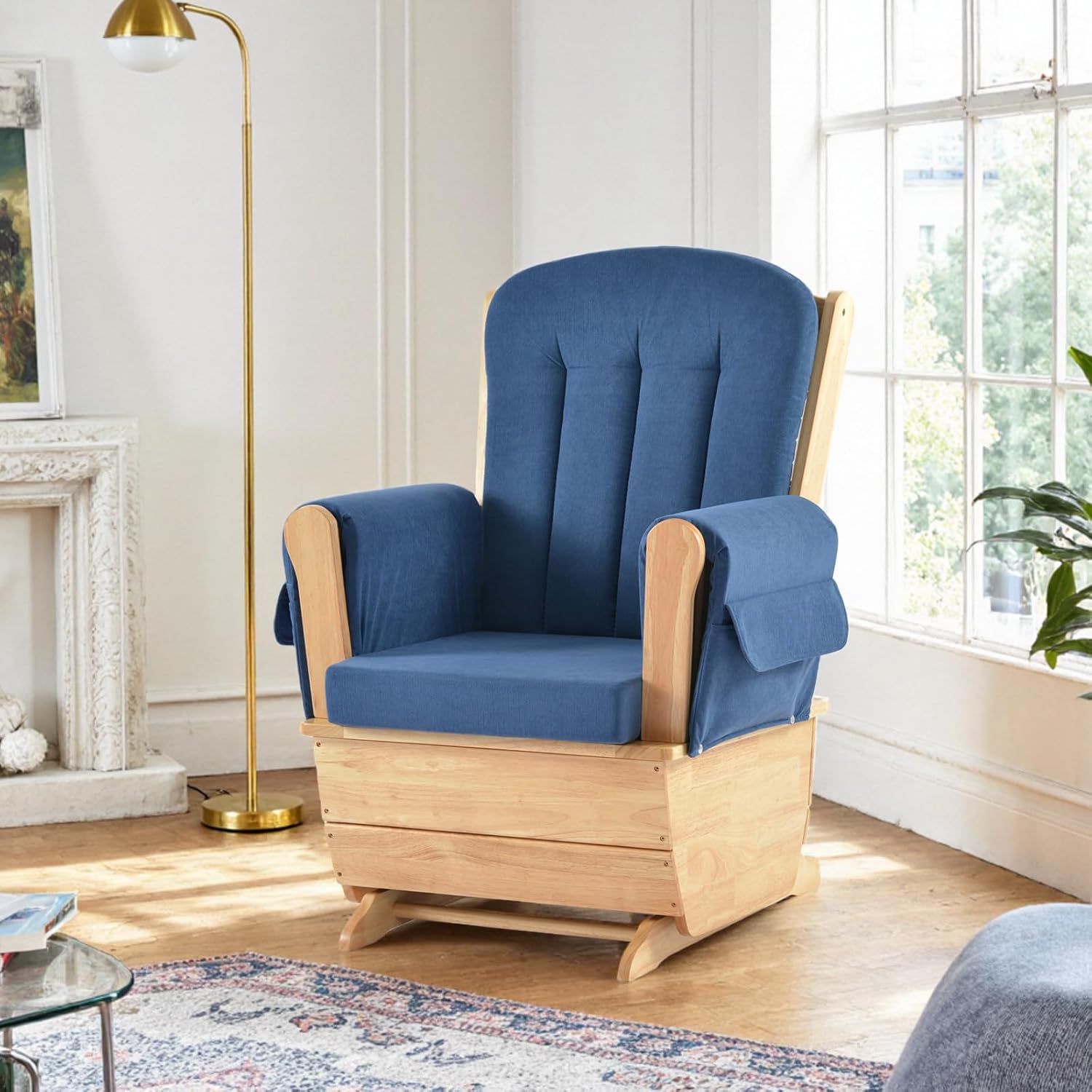 Rubberwood Glider Rocker & Ottoman Silent Nursery Chair for Feeding, Blue | Dual full mechanical bearings Solid rubberwood Oak stain Waterproof dual-fabric cushion High-density sponge Easy assembly